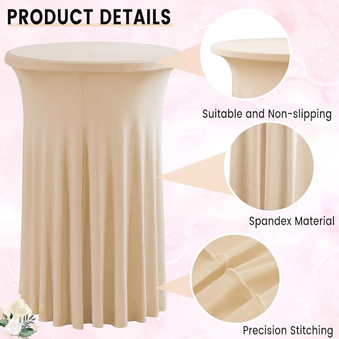 Qubjus 2 Pack Round Cocktail Table Covers with Skirt Stretch Spandex Tablecloth 24"x43" Cocktail Round Tablecloth for Party Wedding Birthday Banquet, Champagne