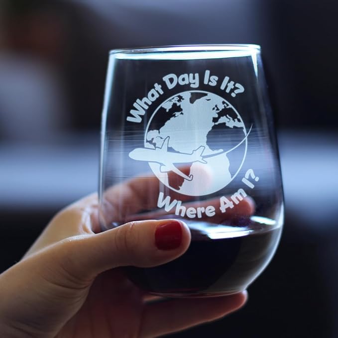 Bevvee What Day Is It - Stemless Wine Glass - Funny Flight Attendant Gifts for Flight Attendants & Pilots - Large 17 Ounce Glasses