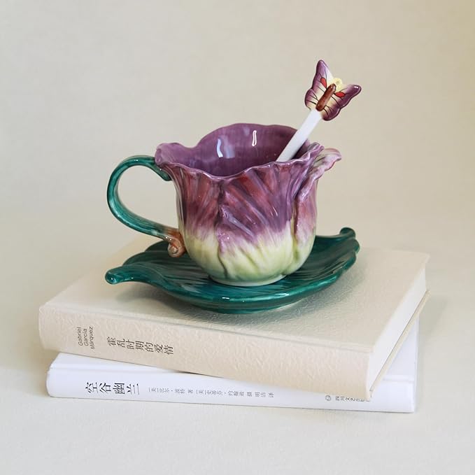 Ceramic Tea Cup and Saucer Set ，6OZ 3D Hand-Painted Flower and Lotus Leaf Coffee Mug，Gift for Women- Purple Tulip