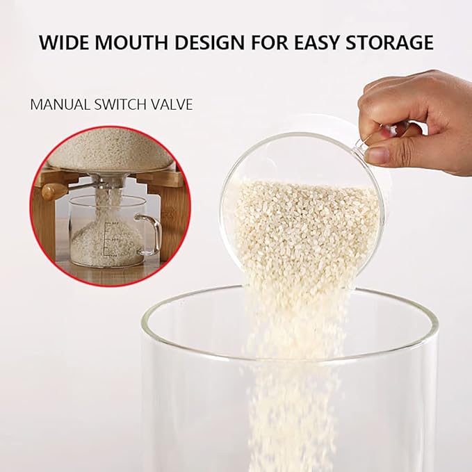 Rice Storage Containers Creative Glass Clear Container Rice Bucket with Measuring Cup and Wooden Stand Kitchen Storage Separate Grain Rice Bucket Cereal Dispenser for Kitchen and Pantry Store (7.5L)