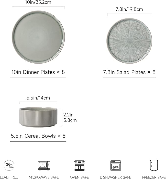 Dinnerware Sets for 8, Ceramic Plates and Bowls Set 24 Piece Dinnerware Chip Resistant Stoneware, Dishwasher and Microwave Safe-green