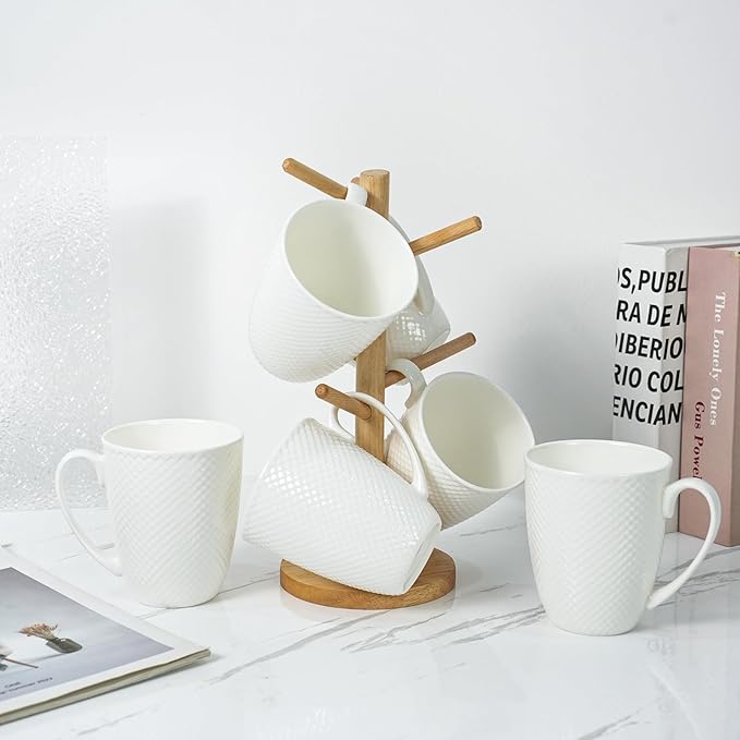 12 Oz Coffee Mugs Set of 6, Fine Bone China Mugs, White Ceramic Coffee Cups, Rhombus Relief Texture, Lightweight Tea Mugs for Latte, Hot Cocoa, Women, Men