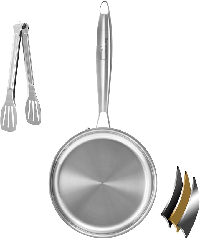 Tri-ply Stainless Steel Frying Pan 8 Inch Small Skillet for Chef's Cooking Pan Induction Oven Dishwasher Safe, Compatible with All Cooktops Up to 600℉ with Kitchen Tongs(Detachable Handle)