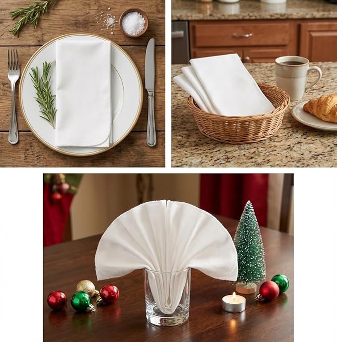Lightnpro Cotton Napkins Set of 12, Dinner Cloth Napkins with Pico Cut Edges, Washable and Reusable for Dining, Parties, Weddings, Holiday & Everyday Use - 18x18 Inch White Color