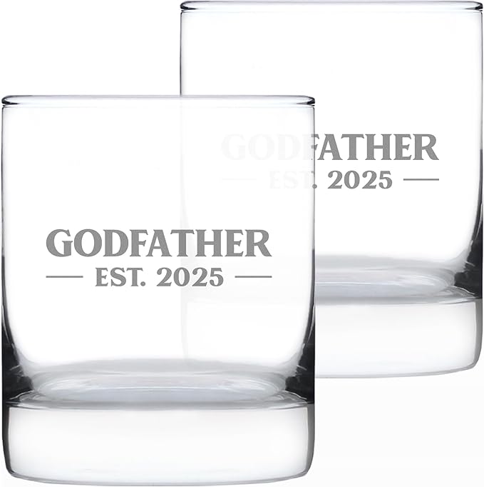 Bevvee Godfather Est 2025 - New Godfather Whiskey Rocks Glass Proposal Gift for First Time Godparents - Set of 2 - Bold 10.25 Oz Glasses