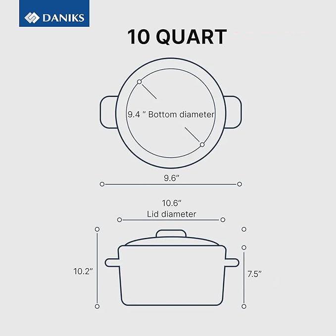Daniks Standard 10 Quart Stainless Steel Stock Pot with Glass Lid, Tri-Ply Bottom for Even Heating, Induction Compatible, Dishwasher Safe, Built-In Measuring Scale, Silver
