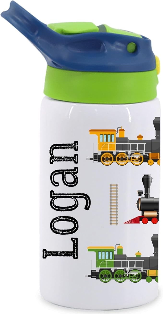 Personalized Train Water Bottle for Kids / 12oz Insulated Stainless Steel Cup with Lid & Straw/Custom Name Locomotive Bottle for School, Preschool, or Travel/Train Track Design