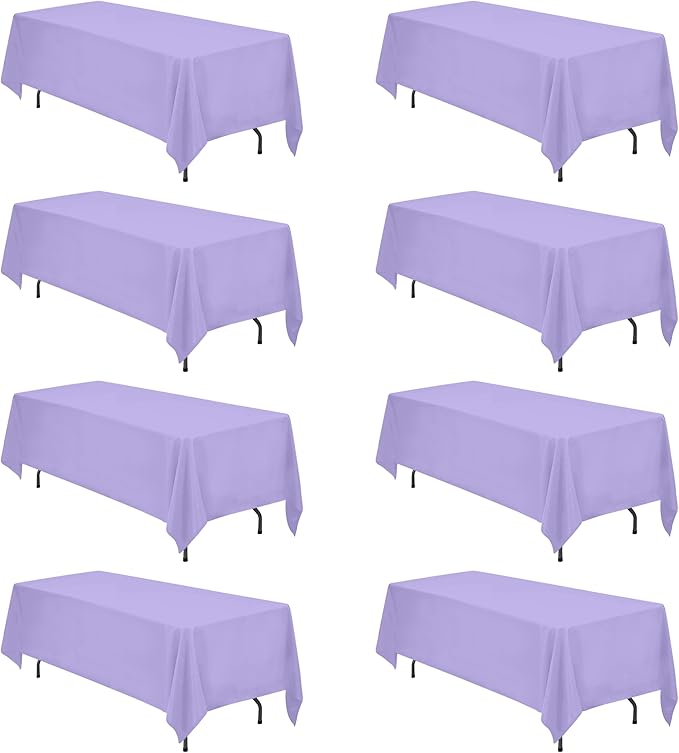 BRILLMAX 8 Pack Lavender Tablecloths 70 x 120 Inch for 6ft & 8ft Rectangle Tables - 150 GSM Polyester Fabric, Universal Fit, Water, Stain & Wrinkle Resistant Cloth Cover for Wedding Banquet Dining
