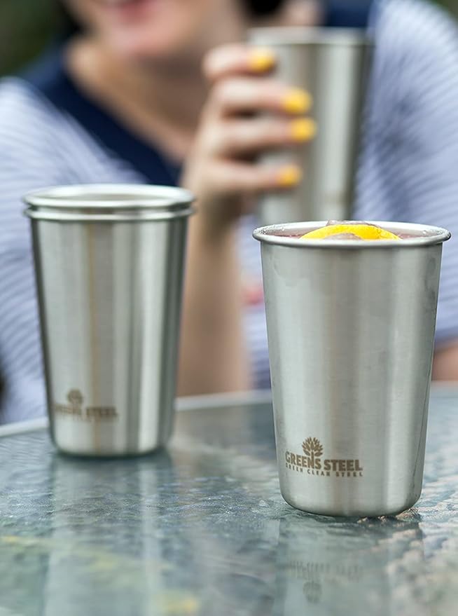 #1 Premium Stainless Steel Cups 16 oz Pint Cup Tumbler (4 Pack) By Greens Steel - Premium Metal Cups - Stackable Durable Cup