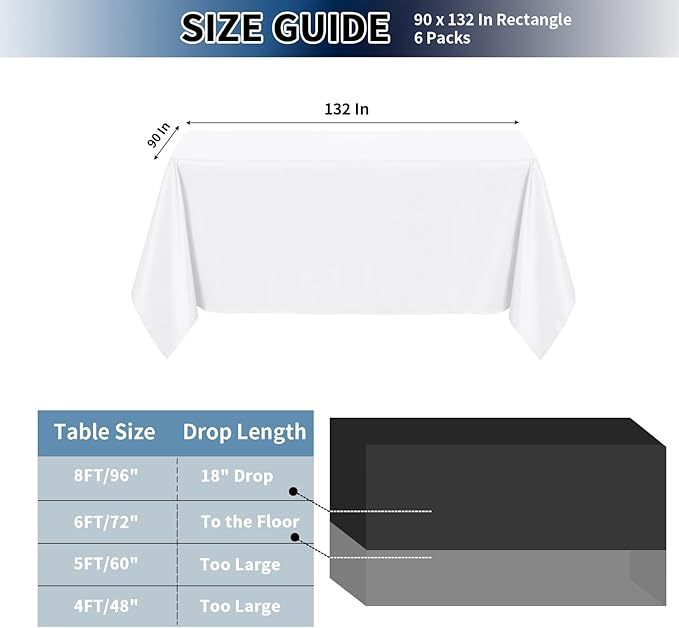 PureFit 6 Pack Rectangle White Table Cloths 90 x 132 Inch for 8Ft Tables, Stain and Wrinkle Resistant Table Linens for Home Use, Wedding, Party, Banquet and Camping