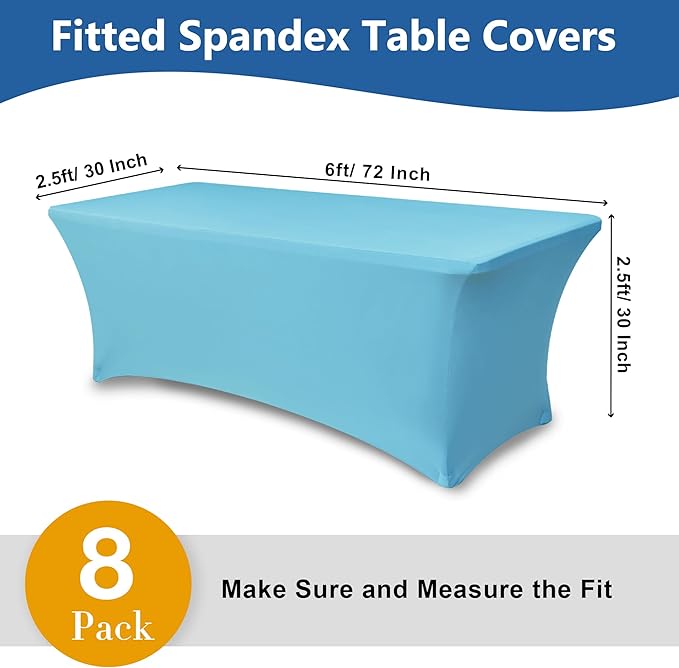 Stretch Table Cover for 6 Foot Tables-8 Pack Light Blue Spandex Fitted Tablecloth-Elastic 6ft Folding Tablecloths for Party, Vendor Booth Display, Banquet Buffet Event, Craft Trade Show