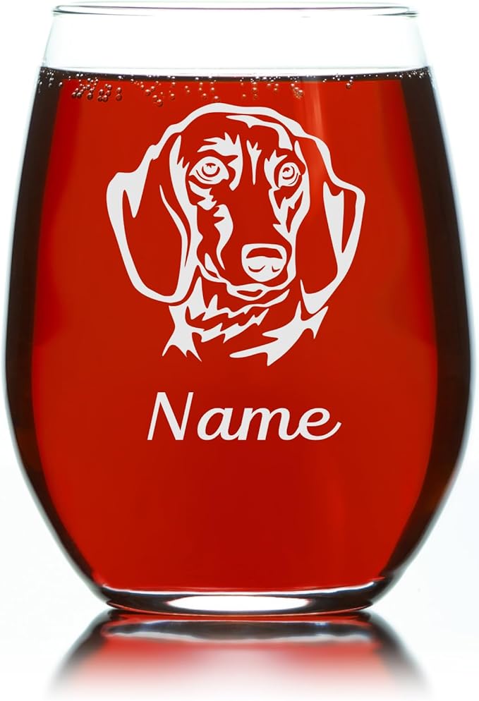 C M Dachshund Dog 17 oz. Custom Stemless Wine Glass with Name - Personalized Dog Gift for Women and Men