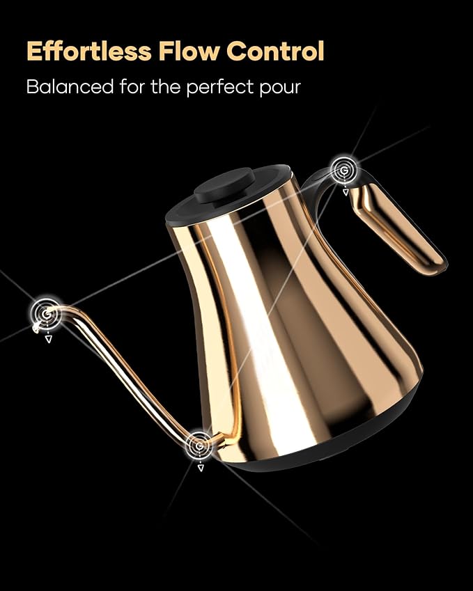 Cocinare FLOW B9 Gooseneck Electric Kettle, Precise Temperature Control for Pour-Over Coffee & Tea Brewing, Stainless Steel Interior, Rapid Heating for Boiling Water 0.9L (Gustav Gold)