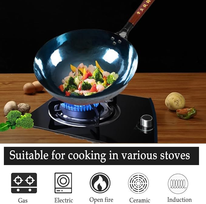 13 Inch Chinese Hand Hammered Iron Wok and Stir Fry Pans with Wooden Handle and Lid Round Bottom Wok Pan Non-stick No Coating Ideal for Home Use and Gift Giving