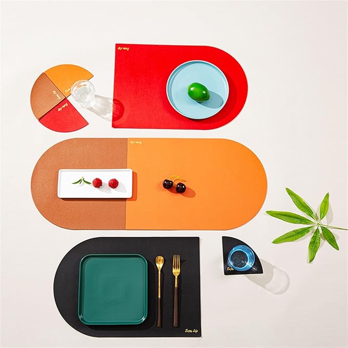 Placemat Table Mat Plate Tableware Pad PU Leather Heat Insulation Non-Slip Bowl Coaster Set for Dinner Kitchen(Dark Brown)