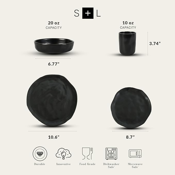 Stone by Mercer Project HEKONDA Modern Stoneware 16-Piece Dinnerware Set, Plate and Bowl Set, Dish Set for 4, Black