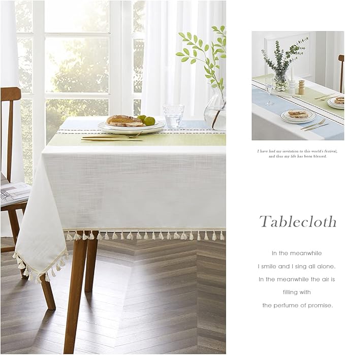 QIANQUHUI Embroidered Tablecloth for Dining Table,Dust Proof Spillproof Soil Resistant Cotton Linen Rectangle Table Cloths (Green Blue, Rectangle/Oblong, 55'x102'', 8-10 Seats)