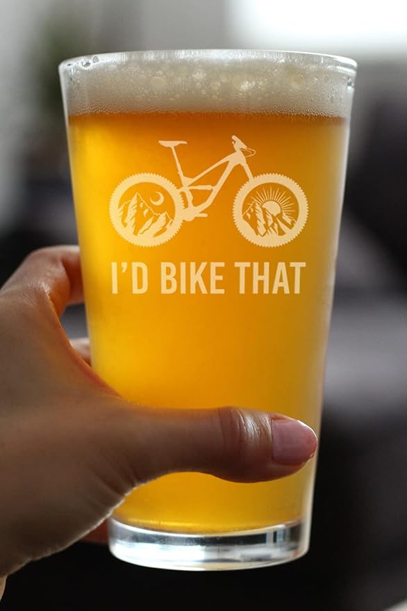 Bevvee I'd Bike That - Pint Glass for Beer - Cool Bicycle Themed Decor and Gifts for Mountain Bikers - 16 oz Glasses
