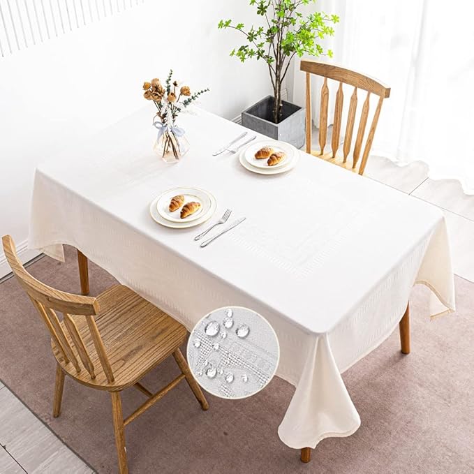 MANGATA CASA Rectangle Tablecloth Faux Cotton Waterproof and Wrinkle Resistant Washable Jacquard Polyester Table Cloth for Kitchen Dining/Party/Indoor and Outdoor Use(White,60x70 inch)