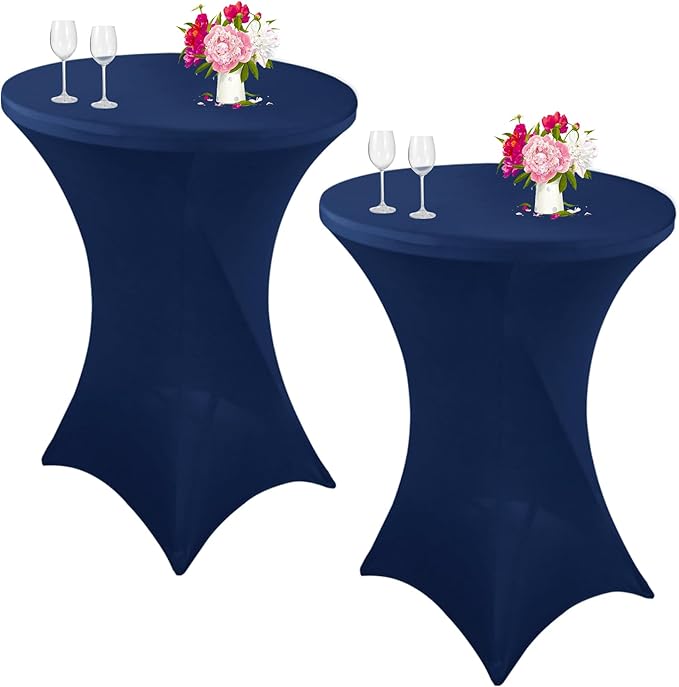 2 Pack Cocktail Spandex Tablecloth 32"x43" Cocktail Table Cover Fitted High Top Round Table for Bar Wedding Birthday Party Banquet (Navy Blue)