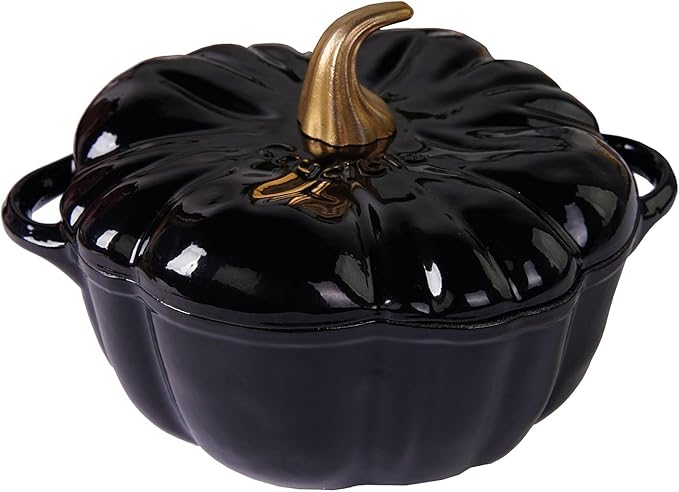 Enameled Cast Iron Pumpkin Pot Dutch Oven Cocotte, Black, 2.32 qt (2.2 L)