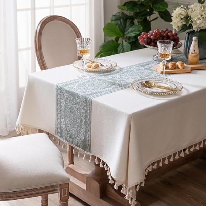 Pahajim Linen Tablecloth Rustic Rectangle Table Cloth Cotton Striped Tassels Tablecloths for Kitchen Dining Table Cover Rectangle/Oblong,55''x87'', 6-8 Seats