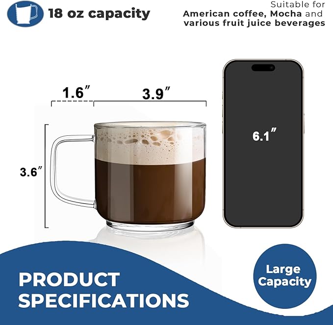 Aquach 18oz Large Clear Glass Coffee Mugs Set of 2 - Serve as General Drinking Glasses for Water, Coffee, Tea, and Juice