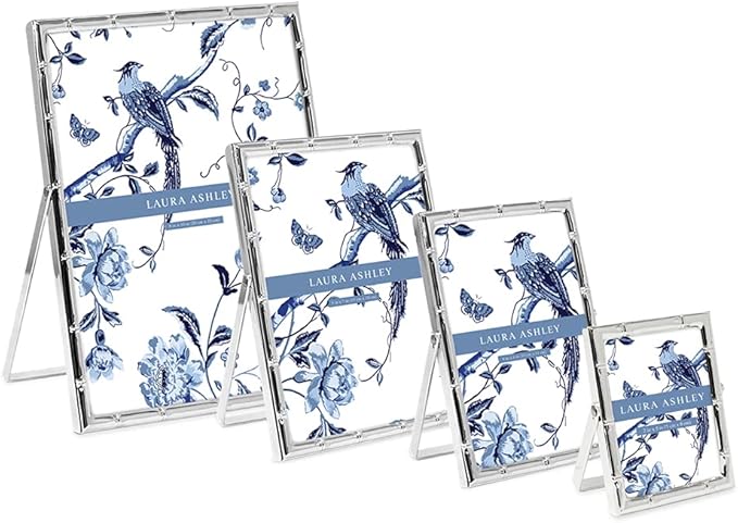Laura Ashley 5x7 Silver Bamboo Metal Picture Frame (Vertical) with Pull-Out Easel Stand, Made for Tabletop, Counterspace, Shelf and Desk
