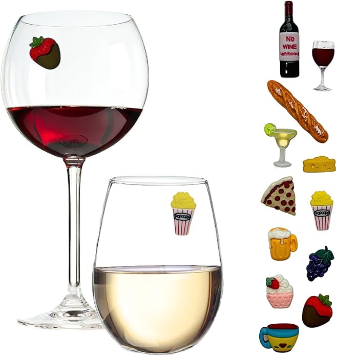 Simply Charmed Magnetic Wine Glass Charms – Drink Markers for Guys and Gals, Happy Hour Fun, Set of 12, Unique Wine Bottle and Charcuterie Designs