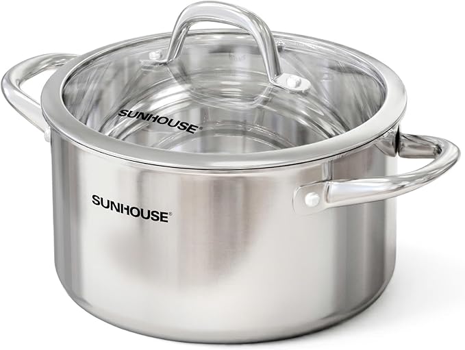 Sunhouse Professional 3.5-Quart Whole-Clad Multi-Ply Stainless Steel Stock Pot with Lid - Premium 18/10 - Induction Ready, Oven Safe Dishwasher Safe Cooking Pot
