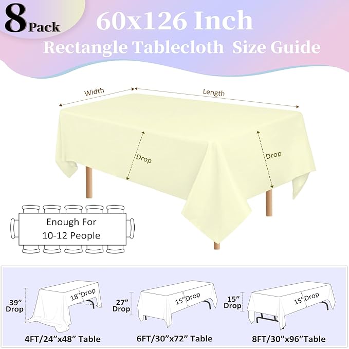 8 Pack Beige Table Cloth 60x126 Inch Rectangle Tablecloths for 8 Foot Rectangle Tables, Wrinkle Resistant Washable Polyester Fabric Rectangular Table Cover for Dining Banquet Wedding Party