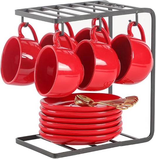 vicrays Ceramic Espresso Coffee Cups - 4 oz Porcelain Espresso Cups Set with Saucers Spoons and Metal Stand for Tea Cafe Cappuccino Latte - Set of 6 - Red