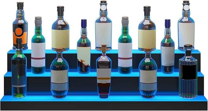 VEVOR LED Lighted Liquor Bottle Display, 3 Tiers 40 Inches, Supports USB, Illuminated Home Bar Shelf with RF Remote & App Control 7 Static Colors 1-4 H Timing, Acrylic Lighted Shelf for 30 Bottles