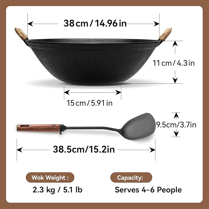 WANGYUANJI 15 Inch Cast Iron Wok with Wooden Lid and Spatula, Large Flat Bottom Double-Handle Chinese Stir Fry Pan, Uncoated for Induction, Gas and Electric Stoves