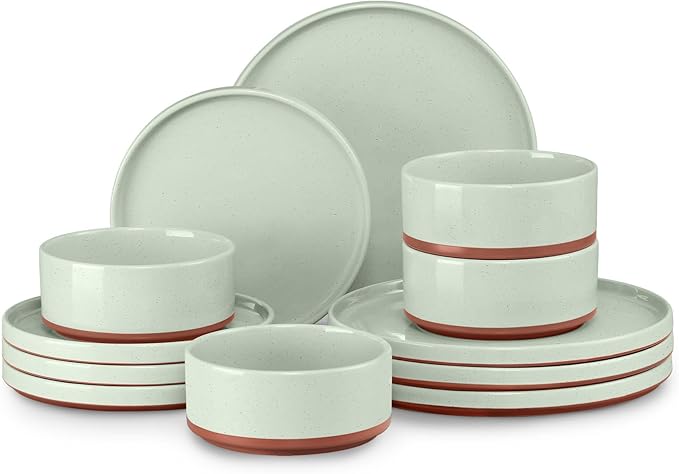 LIANYU 12 Piece Dinnerware Sets for 4, Modern Style Stoneware Dinnerware Set, Scratch Resistant, Dishwasher Safe Bowl and Plate Sets, Ceramic Dish Dinner Set, Laurel Green