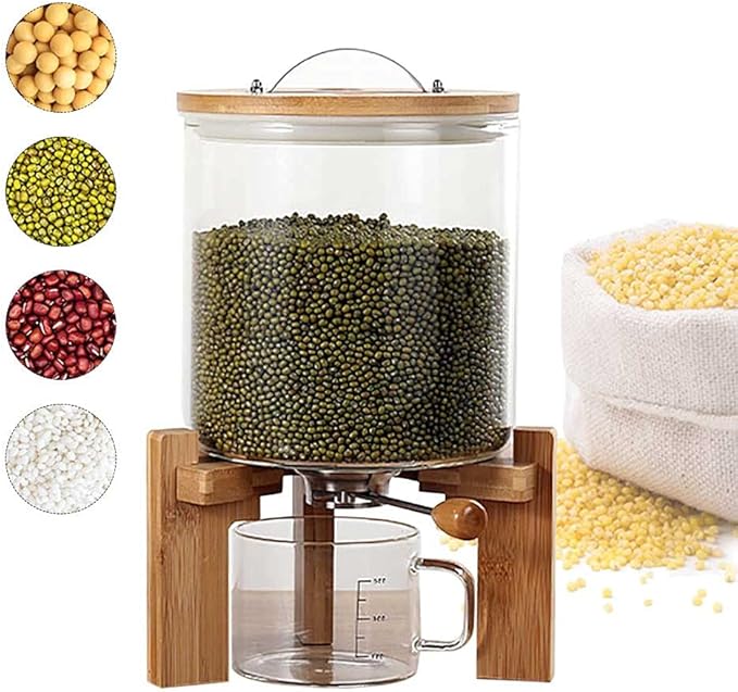 Rice Storage Containers Creative Glass Clear Container Rice Bucket with Measuring Cup and Wooden Stand Kitchen Storage Separate Grain Rice Bucket Cereal Dispenser for Kitchen and Pantry Store (5L)