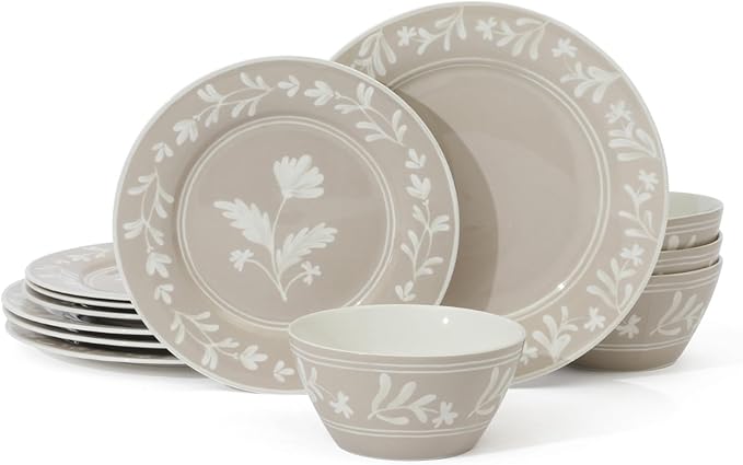 Martha Stewart Maiden Crown 12-Piece Taupe Dinnerware Set – New Bone China Ceramic Plates & Bowls – Floral Design – Service for 4 – Dishwasher & Microwave Safe