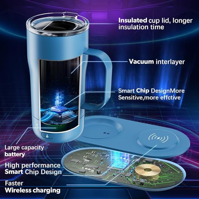 Smart Self Heating Coffee Mug 18 Oz Temperature Control Heated Coffee Mug App Controlled Warmer Mug 5-10 Hour LED Display Keep Coffee Hot All Day Fast Wireless Charger Base Lake Blue