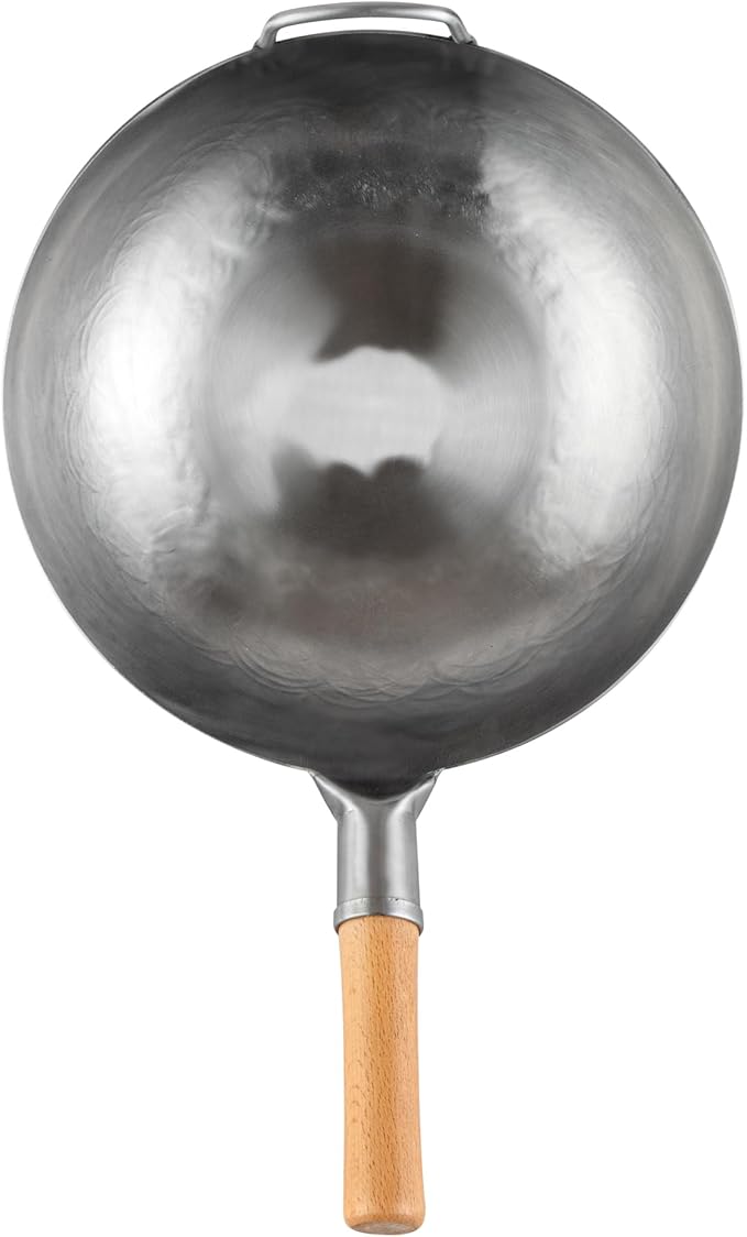 Restaurantware-Motomori 13.38 Inch Hand-Hammered Carbon Steel Wok, 10 Traditional Japanese Wok - Flat Bottom, Wooden Handle, Black Carbon Steel Traditional Stir Fry Pan, With Helper Handle