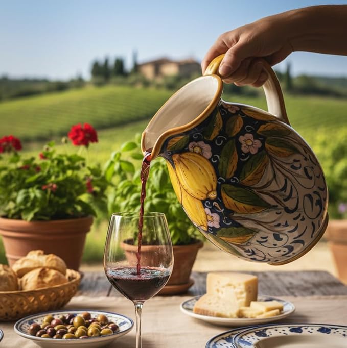 CERAMICHE D'ARTE PARRINI - Italian Ceramic Art Pottery Pitcher Vino Vine gal 0,264 Hand Painted Decorated Three Lemons Made in ITALY Tuscan