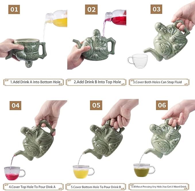 RORA Assassins Teapot Ceramic Handmade Magic Tea Kettle for Three Drinks in One Pot, Two Heart Design Chinese Tea Pot with Mini Funnel, 16 oz