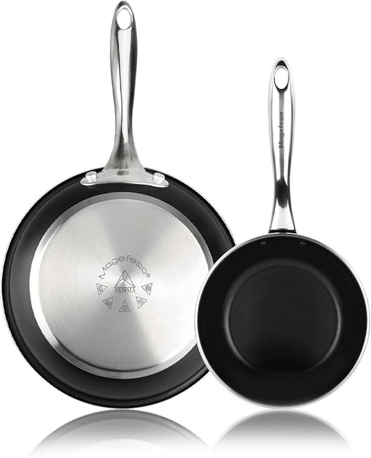 Magefesa Prisma Frying Pan Set, 7.9" & 11", 18/10 Stainless Steel, Triple-Layer Nonstick, Works on All Stovetops Including Induction, Oven Safe to 392°F, Dishwasher Safe, Durable Cooking Skillets