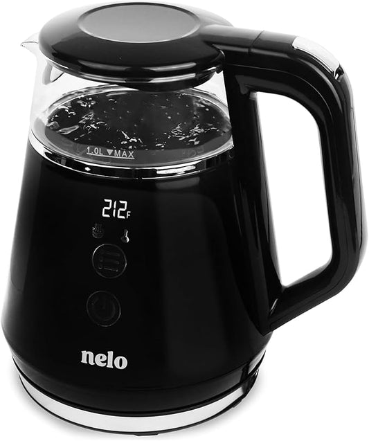 NELO Electric Kettle with 5 Temperature Control Presets, Large Digital Temperature Display, Multi-Colored LED Indicator Lights, Black Tea Kettle & Hot Water Boiler, 360° Base, BPA-Free, 1 Liter