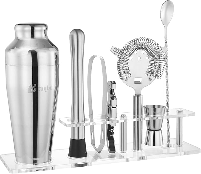 Cocktail Shaker Set with Arcylic Stand, Mixology Bartender Kit for Drink Mixing | Mixology Set with 7 Bar Set Tools Cocktail Kit (Silver)