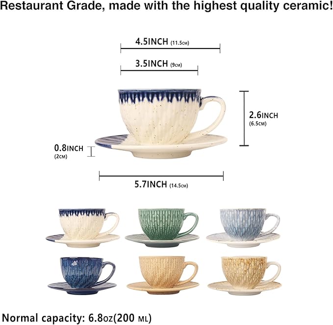 Coffee Mugs Set of 6, 6.8 oz Ceramic Tea Cup, Espresso Cups, Stackable Cups, for Latte, Hot Tea, Cappuccino, Mocha, Cocoa, Milk Tea - Dishwasher & Microwave Safe,Six colors