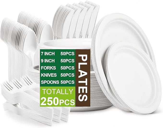 Jeopace Eco Paper Plates Set, 250PCS - 9 & 7 Inch Sugarcane Bagasse Biodegradable Plates, Cornstarch Cutlery for 50 People (White)