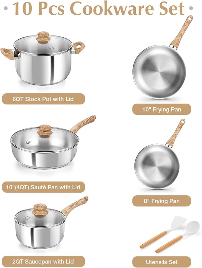 KOCH SYSTEME CS Stainless Steel Coowkare Set 10PCS, Professional 18/10 Stainless Steel Pots and Pans Set with Cool-Touch Handles, Tri-ply Base, Kitchen Cookware Sets, Cooking Set Induction Compatible