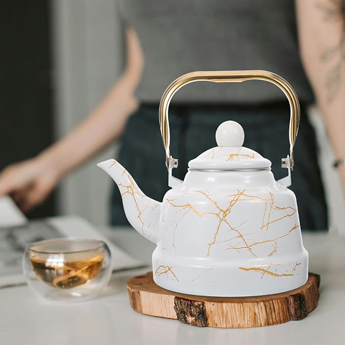Marble Pattern Enamel Tea Kettle, 1.7L Stovetop Water Kettle for Home Use, Suitable for Gas Furnace and Induction Cooker, Ideal for Brewing Tea, Coffee, and More