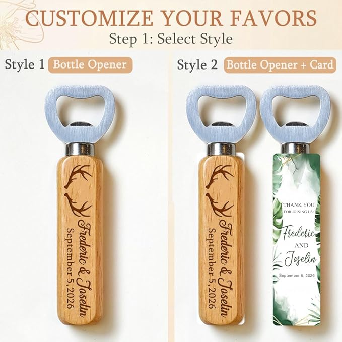 Personalized Wedding Favor Gifts for Guest, Wooden Bottle Openers Set with customized Couple's Names & Wedding Date, Set of 6-150 with Optional Thank You Cards