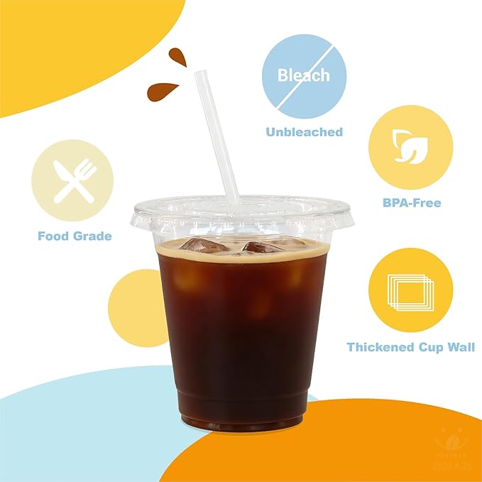 12 oz 100 Pack Disposable Clear Plastic Cups with Lids and Straws, Food Safe Bulk Iced Coffee Cups for Smoothies, Milkshakes and Other Cold Drinks